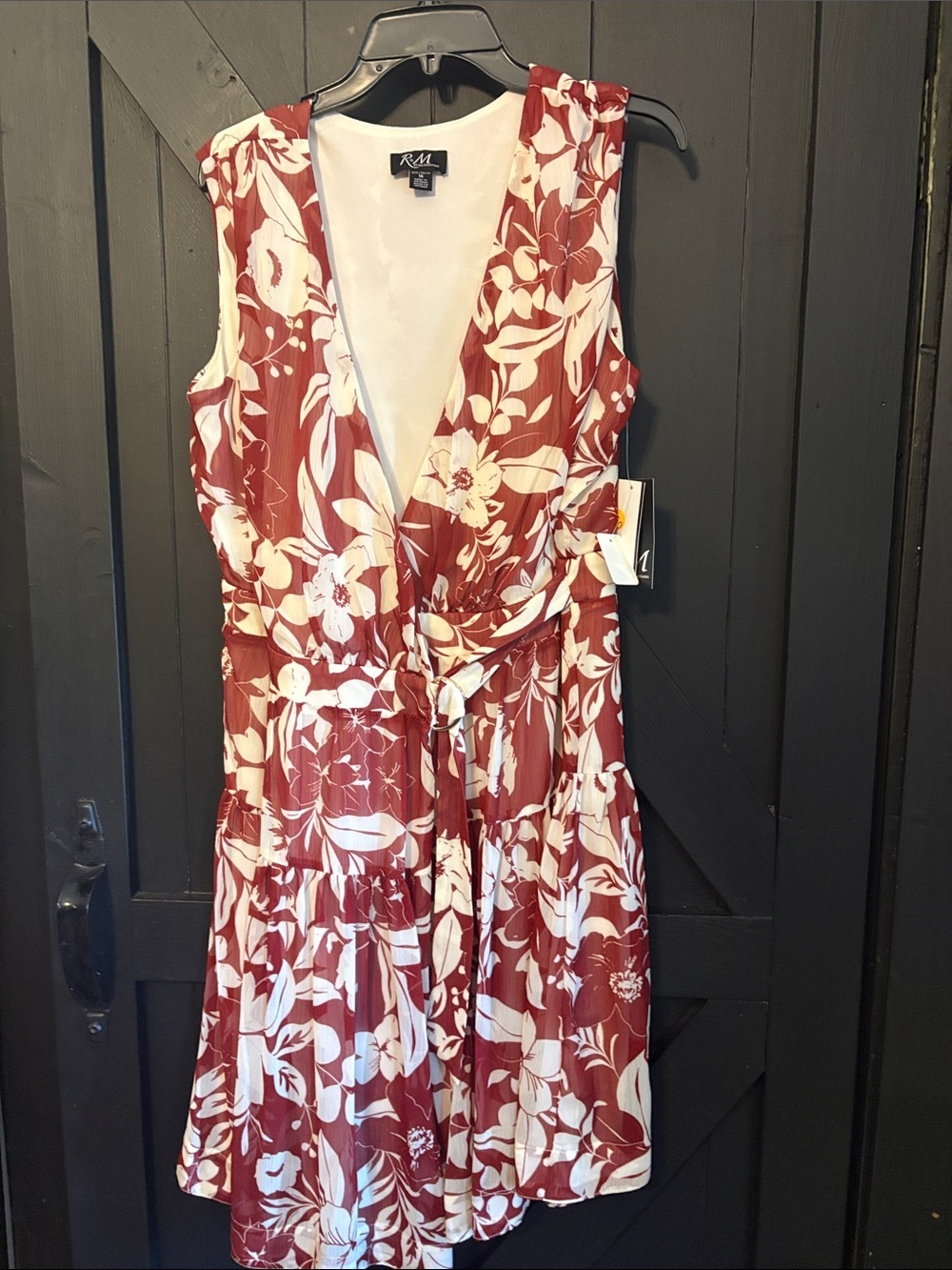 R&M Richards Rust and White Floral Wrap Midi Dress